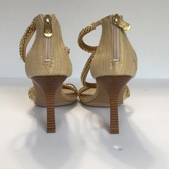 Adrienne Vittadini Sand & Gold Open Toe Back Zip Strappy Heeled Sandals size 9.5 - Picture 6 of 13
